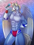  anthro candy dessert digital_drawing_(artwork) digital_media_(artwork) equid equine feathers food happy hi_res horse male mammal muscular muscular_anthro muscular_male open_mouth patreon_reward patriotic_clothing patriotism pegasus pinup politics pose smile solo sunny_way wings 