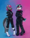  2020 anthro bdsm biped black_hair black_nose bondage bound breasts canid canine canis collar duo female green_eyes hair hi_res kaimera male mammal peskybatfish pink_collar pink_hair sharp_teeth signature simple_background smile spiked_collar spikes straitjacket teeth wolf 