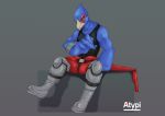  anthro atypi avian beak belt bird blue_body blue_eyes blue_feathers boots bottomwear clothing collarbone falco_lombardi feathers fingers footwear grey_background half-closed_eyes looking_down male narrowed_eyes nintendo pants red_body red_feathers simple_background sitting solo star_fox video_games 