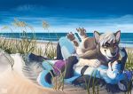  &lt;3 anthro athletic beach blue_body blue_eyes blue_fur canid canine canis claws clothing cloud cuddling cute_expression cute_eyes cute_face date domestic_dog duo ears_up eye_contact fur grass grey_body grey_fur hair happy hug looking_at_another love male male/male mammal orange_eyes paws plant rahne sand sea seaside shiba_inu sky smile spitz sun swimming_trunks swimwear tailwag taru teth water wolf 