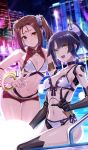  2girls bare_shoulders black_choker black_hair blush bracelet breasts brown_eyes brown_hair choker doll_joints eyebrows_visible_through_hair fate/grand_order fate_(series) highres jewelry joints katou_danzou_(fate/grand_order) long_hair looking_at_viewer medium_breasts multiple_girls nezha_(fate/grand_order) official_art ponytail smile v wet yellow_eyes 