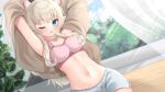  1girl animal_ears bangs blue_eyes blush breasts cat_ears eyebrows_visible_through_hair highres long_hair looking_at_viewer mirai_(happy-floral) navel open_mouth original shorts smile solo stomach thighhighs 