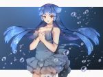  1girl absurdres artist_name bao_(vtuber) blue_hair breasts bubble cleavage dress english_commentary eyebrows_visible_through_hair floating_hair grey_dress hair_between_eyes hands_together highres indie_virtual_youtuber liquid_hair long_hair looking_at_viewer medium_breasts shizukodesu solo underwater very_long_hair virtual_youtuber 