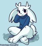  anthro big_ears blush cave_story clothed clothing crossed_legs eyelashes female fluffy fluffy_tail fur fur_tuft hand_behind_head lagomorph leg_tuft mammal mimiga partially_clothed scar simple_background sitting sue_sakamoto sweater topwear tuft uberchargecovu video_games white_body white_fur 