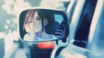  1girl blue_eyes blurry blurry_background brown_hair car ground_vehicle head_rest highres kunitarou-art motor_vehicle original rear-view_mirror reflection shirt short_hair solo traffic traffic_jam white_shirt 