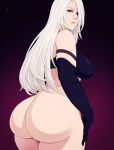  1girl ass bare_shoulders black_gloves breasts commentary elbow_gloves gloves grey_eyes hand_on_thigh highres huge_ass large_breasts long_hair looking_at_viewer looking_back lunasanguinis mole mole_under_mouth nier_(series) nier_automata no_panties parted_lips solo thick_thighs thighs white_hair yorha_type_a_no._2 