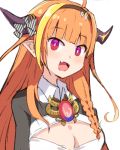  1girl ahoge bangs black_bow black_hairband black_jacket blonde_hair blunt_bangs blush bow bowtie braid breasts bright_pupils brooch chain chain_necklace chikuwa_(majihima) cleavage cleavage_cutout clothing_cutout collared_shirt commentary_request dragon_girl dragon_horns eyebrows_visible_through_hair fang gradient_eyes hair_ornament hairband highlights hololive horn_bow horns jacket jewelry kiryuu_coco long_hair looking_at_viewer multicolored multicolored_bow multicolored_eyes multicolored_hair open_mouth orange_hair pointy_ears purple_eyes red_eyes shirt simple_background single_braid skin_fang smile solo streaked_hair striped upper_body virtual_youtuber white_bow white_shirt 