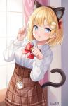  1girl :d animal_ear_fluff animal_ears artist_name bangs black_hairband blonde_hair blue_eyes blush bow breasts brown_skirt cat_ears cat_tail collared_shirt commentary curtains day dress_shirt eyebrows_visible_through_hair fake_animal_ears hair_ornament hairband hands_up high-waist_skirt highres hitsukuya hololive hololive_english indoors looking_at_viewer medium_breasts monocle_hair_ornament open_mouth paw_pose plaid plaid_skirt pocket_watch red_bow roman_numerals shirt signature skirt smile solo sunlight tail virtual_youtuber watch watson_amelia white_shirt window 