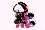  3boys arjuna_(fate/grand_order) arjuna_alter black_coat black_hair blue_eyes boots breath chibi coat colored_skin cross-laced_footwear dark_skin dark_skinned_male dual_persona fate/grand_order fate_(series) gloves hair_over_one_eye hood hood_up karna_(fate) karna_(santa)_(fate) lace-up_boots looking_at_another male_focus mittens multiple_boys pink_background red_footwear red_gloves simple_background snow thigh_boots thighhighs towako368136 white_hair white_skin 
