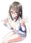  1girl :d absurdres bangs bare_legs blush breasts brown_eyes brown_hair cleavage collared_shirt dated eyebrows_visible_through_hair glasses highres holding large_breasts legs_together long_hair long_sleeves mimikaki nekobaka open_mouth original red-framed_eyewear shirt short_shorts shorts sidelocks simple_background sitting smile solo swept_bangs thighs white_background white_shirt white_shorts 