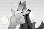  5_fingers ambiguous_gender anthro beastars canid canine canis clothed clothing disembodied_hand dotted_background duo fingers first_person_view fur humanoid_hands legoshi_(beastars) looking_at_viewer male mammal meme musical_note pattern_background simple_background speech_bubble thediyemi wolf 