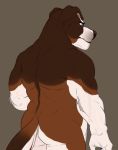  anthro blue_eyes brown_background brown_body brown_fur butt canid canine canis domestic_dog fur guide_lines hi_res male mammal multicolored_body multicolored_fur nude rear_view simple_background solo thediyemi white_body white_fur 