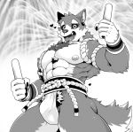  &lt;3 5_fingers abs anthro black_sclera body_hair bulge canid canine canis chest_hair claws clothed clothing domestic_dog fingers fur garmr holding_object kumak71395 looking_at_viewer male mammal monochrome nipples open_mouth open_smile pecs pubes smile solo teeth tokyo_afterschool_summoners topless video_games 