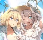  2girls ;d bangs black_hairband blue_eyes bow breasts cleavage collarbone eyebrows_visible_through_hair fate/grand_order fate_(series) grey_bow grey_jacket hair_between_eyes hairband hat hat_bow hood hood_down hooded_jacket jacket jeanne_d&#039;arc_(fate)_(all) jeanne_d&#039;arc_(swimsuit_archer) looking_at_viewer marie_antoinette_(fate/grand_order) marie_antoinette_(swimsuit_caster)_(fate) medium_breasts multiple_girls no-kan one_eye_closed open_clothes open_jacket open_mouth outdoors palm_tree plaid plaid_bow small_breasts smile summer sun_hat tree upper_body 