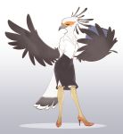  accipitriform aggressive_retsuko anthro avian beak beauty_mark bird black_body black_feathers bottomwear clothed clothing dress_shirt eyelashes eyes_closed feathers female footwear gradient_background hi_res high_heels junyois sanrio scales secretary secretary_bird secretary_washimi shirt shoes simple_background skirt solo topwear white_background white_body white_feathers winged_arms wings 