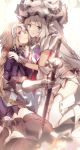  2girls armor armored_dress bangs black_bow black_legwear blonde_hair blue_dress blue_eyes blurry_foreground boots bow braid braided_ponytail chain closed_mouth dress faulds gloves hair_between_eyes hair_bow hand_on_another&#039;s_shoulder hat headpiece highres holding holding_sheath jeanne_d&#039;arc_(fate) jeanne_d&#039;arc_(fate)_(all) kneeling long_hair marie_antoinette_(fate/grand_order) multiple_girls no-kan ponytail purple_eyes sheath sheathed shiny shiny_clothes shiny_hair shiny_legwear short_dress silver_hair simple_background sitting smile sword thigh_boots thighhighs very_long_hair weapon white_background white_dress white_footwear white_gloves white_headwear yuri 