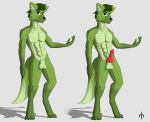  4_toes 5_fingers abs absurd_res animal_genitalia animal_penis anthro balls barefoot biped canid canine canine_penis duo fingers fluffy fluffy_tail fur furry_balls genitals green_body green_fur hi_res looking_at_viewer male mammal nude penis realmonster red_eyes simple_background solo standing toes 