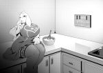  absurd_res anthro big_breasts boss_monster bovid breasts caprine clothed clothing clothing_lift curvy_figure detailed_background dress dress_lift english_text female greyscale half-closed_eyes hi_res hidoihito huge_breasts inside kitchen kitchen_utensils knife legwear mammal mature_female mixing_bowl monochrome narrowed_eyes on_counter shush sitting solo text thick_thighs thigh_highs tools toriel undertale video_games voluptuous wide_hips 