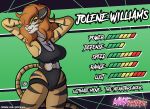  2020 anthro big_breasts breasts camel_toe clothed clothing english_text felid female fighting_game fur green_eyes hair hand_on_head hi_res jolene_williams_(metalmax1991) leotard long_hair looking_at_viewer mammal mature_female one_eye_obstructed pantherine pink_nose red_hair signature sketchybug skimpy solo stats striped_tail stripes stripped_fur text tiger url video_games white_body white_fur yellow_body yellow_fur 