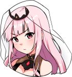  1girl bangs blunt_bangs blush breasts cleavage eyebrows_visible_through_hair hololive hololive_english long_hair mori_calliope pink_eyes pink_hair shoulders solo tiara transparent_background upper_body v-shaped_eyebrows veil virtual_youtuber vyolfers 