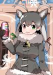  1girl animal_ears antlers bangs bell bell_collar black christmas coat collar deer_ears door doorway extra_ears eyebrows_visible_through_hair fur_collar fur_trim gloves green_eyes grey_hair heterochromia highres kadim kemono_friends long_hair long_sleeves looking_at_viewer multicolored_hair open_door open_mouth red_eyes reindeer_(kemono_friends) reindeer_antlers smile snowflakes snowstorm sprite_(drink) twintails white_fur wind winter winter_clothes winter_coat 