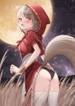  1girl :o animal_ears ass black_panties bow bowtie cowboy_shot dress dress_lift extra_ears floppy_ears fox_ears fox_girl fox_tail frilled_dress frills from_behind full_moon grey_hair highres hood leaning_forward looking_at_viewer looking_back moon night open_mouth original outdoors panties red_dress red_hood reinama short_hair short_sleeves solo standing tail thighhighs thighs underwear white_legwear wristband yellow_eyes 