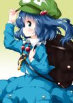  1girl back backpack bag bangs blue_eyes blue_hair blue_skirt blue_vest closed_mouth collared_shirt eyebrows_visible_through_hair flat_cap from_side gradient gradient_background green_background green_headwear hair_bobbles hair_ornament hand_on_headwear hat highres kawashiro_nitori key long_sleeves looking_at_viewer medium_hair pocket ruu_(tksymkw) shirt skirt smile solo standing touhou two_side_up vest white_shirt 