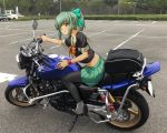  1girl akito_(sub707) black_footwear black_legwear bow brown_eyes eyebrows_visible_through_hair from_side green_bow green_hair green_skirt ground_vehicle hair_bow high_heels highres honda kantai_collection looking_at_viewer looking_to_the_side motor_vehicle motorcycle pantyhose photo_(medium) pleated_skirt ponytail sailor_collar school_uniform serafuku short_sleeves skirt smile solo vehicle_request white_sailor_collar yuubari_(kantai_collection) 