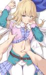  1boy 1other androgynous bangs blonde_hair blue_eyes blue_headwear blush chevalier_d&#039;eon_(fate/grand_order) fate/grand_order fate_(series) frills hat hat_removed headwear_removed long_hair looking_at_viewer lying navel on_back open_mouth pants shiseki_hirame solo_focus stomach sweatdrop white_pants 