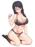  1girl bakemonogatari bangs bare_arms bare_shoulders black-framed_eyewear black_bra black_hair black_legwear black_panties blush bra braid breasts cleavage closed_eyes collarbone full_body glasses hair_ornament hair_over_shoulder hairclip hanekawa_tsubasa highres kneehighs large_breasts long_hair looking_at_viewer monogatari_(series) navel nose_blush panties paw_pose purple_eyes red_ribbon ribbon sarhce semi-rimless_eyewear simple_background single_braid sitting solo stomach swept_bangs under-rim_eyewear underwear white_background yokozuwari 