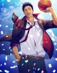  1boy a_jou aomine_daiki arm_up ball basketball belt black_jacket black_pants blazer blue_eyes blue_hair brown_belt cloud cloudy_sky collared_shirt confetti cowboy_shot dark_skin dark_skinned_male dated hand_in_pocket happy_birthday highres holding holding_ball jacket kuroko_no_basuke looking_at_viewer male_focus necktie open_mouth pants red_neckwear school_uniform shirt short_hair sky sleeves_rolled_up solo standing teeth tongue tongue_out tsurime white_shirt 