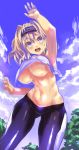  1girl absurdres arm_up blonde_hair blue_eyes blush breasts character_request cosmic_break cowboy_shot crop_top hairband highres large_breasts leggings looking_at_viewer navel nipple_slip nipples no_bra open_mouth outdoors puribate_(helgoland) sky solo 