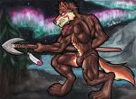  anthro aurora_borealis bottomwear canid canine canis clothing hi_res loincloth male mammal markings melee_weapon muscular muscular_anthro muscular_male northern painting_(artwork) polearm silverferak solo spear tattoo torik traditional_media_(artwork) tribal watercolor_(artwork) weapon wilderness wolf 