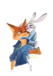  2019 anthro brown_body brown_fur canid canine carrying clothed clothing disney duo fox fully_clothed fur green_eyes grey_body grey_fur hi_res judy_hopps lagomorph leporid mammal nick_wilde orange_body orange_fur police_uniform purple_eyes rabbit red_fox simple_background smile uniform white_background ys_kzoo zootopia 