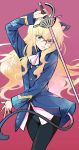  1girl agahari animal_ear_fluff animal_ears arm_above_head black_legwear blonde_hair cat_ears cat_tail cravat glasses highres long_hair looking_at_viewer military military_uniform pantyhose perrine_h_clostermann pink_background rapier solo strike_witches sword tail uniform weapon world_witches_series yellow_eyes 