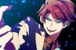  1boy black_neckwear blue_eyes formal highres male_focus necktie prgdmk red_hair red_shirt shirt solo suit umineko_no_naku_koro_ni ushiromiya_battler 