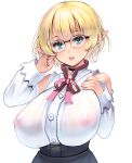 1girl absurdres bare_shoulders blonde_hair blue_eyes breasts choker detached_sleeves elf glasses highres large_breasts looking_at_viewer masao mole mole_under_eye nipples original pointy_ears ribbon see-through shirt short_hair solo white_shirt 