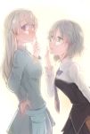  2girls absurdres arm_at_side backlighting black_skirt blonde_hair blush cowboy_shot eila_ilmatar_juutilainen finger_to_mouth from_side grey_hair grey_neckwear hair_between_eyes hand_to_own_mouth highres long_hair looking_at_viewer multiple_girls nachi-kun pantyhose purple_eyes sanya_v_litvyak short_hair skirt smile strike_witches white_background world_witches_series 