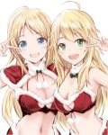  2girls :d ahoge armpits bangs bare_arms bare_shoulders bikini blonde_hair blue_eyes blush bow breasts capelet cleavage commentary_request eyebrows_visible_through_hair fur-trimmed_capelet fur_trim green_bow green_eyes hachimiya_meguru hoshii_miki idolmaster idolmaster_(classic) idolmaster_shiny_colors long_hair medium_breasts multiple_girls nannacy7 navel open_mouth parted_bangs pom_pom_(clothes) red_bikini red_capelet santa_bikini simple_background smile stomach swimsuit upper_body v white_background 