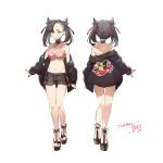  1girl bare_shoulders black_hair blue_eyes breasts choker gen_8_pokemon groin highres looking_at_viewer marnie_(pokemon) morpeko morpeko_(full) multiple_views navel no-kan off_shoulder pokemon pokemon_(game) pokemon_swsh short_shorts shorts shoulder_blades small_breasts twintails undercut 