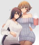  2girls black_hair breasts brown_hair cleavage collarbone cowboy_shot cup eyebrows_visible_through_hair gradient gradient_background green_eyes hair_between_eyes holding holding_cup kantai_collection kasumi_(skchkko) large_breasts long_hair long_sleeves motion_lines multiple_girls mutsu_(kantai_collection) nagato_(kantai_collection) off-shoulder_sweater off_shoulder red_eyes ribbed_sweater short_hair sweater white_sweater 