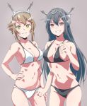  2girls bikini black_bikini black_hair breasts brown_hair commentary_request grey_background hairband headgear highres kantai_collection large_breasts long_hair multiple_girls mutsu_(kantai_collection) nagato_(kantai_collection) parted_lips radio_antenna red_eyes short_hair simple_background swimsuit white_bikini yellow_eyes yoxtut 