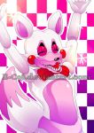  2016 animatronic anthro bow_tie canid canine dipstick_tail distracting_watermark e-c98 eyes_closed five_nights_at_freddy&#039;s five_nights_at_freddy&#039;s_2 fox girly glistening glistening_body happy hi_res lipstick machine makeup male mammal mangle_(fnaf) multicolored_body multicolored_tail open_mouth open_smile raised_arm red_cheeks robot sharp_teeth smile solo teeth video_games watermark white_body 