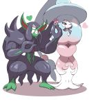  absurdres commentary flower gen_8_pokemon grimmsnarl hatterene heart highres holding holding_flower jahana_mei looking_at_another one_eye_closed pink_flower pokemon pokemon_(creature) red_eyes standing toes 