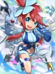  1girl :d bangs blue_background blue_eyes blue_footwear blue_gloves blue_jacket blue_shorts boots breasts commentary_request cramorant cropped_jacket elbow_gloves feathers full_body furofuroppi gen_5_pokemon gen_8_pokemon gloves gym_leader hair_between_eyes hair_ornament highres holster jacket large_breasts looking_at_viewer midriff navel one_side_up open_mouth pilot_suit pokemon pokemon_(creature) pokemon_(game) pokemon_bw red_hair short_shorts shorts sidelocks skindentation skyla_(pokemon) smile solo_focus swanna thigh_holster upper_teeth woobat 