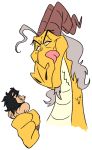  2020 animaniacs_(2020) anthro anthro_on_anthro benedict_(animaniacs) black_hair dragon duo edtertainerd facial_hair felid grey_hair hair hi_res horn larger_male lion male male/male mammal pantherine simple_background size_difference smaller_male tongue tongue_out whiskers white_background 