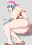  1girl absurdres blue_hair breasts breasts_outside green_eyes highres legs_together long_hair looking_at_viewer pussy_juice reikenzan:_hoshikuzu-tachi_no_utage sandals 