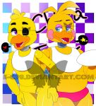  &lt;3 2015 animatronic anthro avian bib bird blue_eyes chica_(fnaf) chicken clothing distracting_watermark duo e-c98 eye_contact female five_nights_at_freddy&#039;s five_nights_at_freddy&#039;s_2 galliform gallus_(genus) glistening glistening_body hand_on_hip head_tuft hi_res holding_object holding_plate looking_at_another machine one_eye_closed open_mouth open_smile panties phasianid pink_cheeks pink_clothing pink_panties pink_underwear purple_eyes raised_arm robot smile star toy_chica_(fnaf) tuft underwear video_games watermark wink yellow_body 