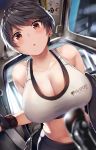  1girl bangs banned_artist bare_shoulders belko black_hair blush breasts brown_eyes cleavage collarbone gloves highres large_breasts looking_at_viewer midriff open_mouth original revision short_hair sports_bra sweat swept_bangs 