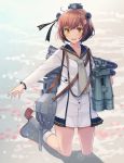  1girl anchor_symbol binoculars brown_eyes brown_hair cherry_blossoms dress flower hair_flower hair_ornament headset holding holding_binoculars kantai_collection kasumi_(skchkko) kneeling long_sleeves looking_at_viewer neckerchief petals remodel_(kantai_collection) rudder_footwear sailor_dress short_hair smile solo torpedo_tubes turret white_dress white_legwear yukikaze_(kantai_collection) 